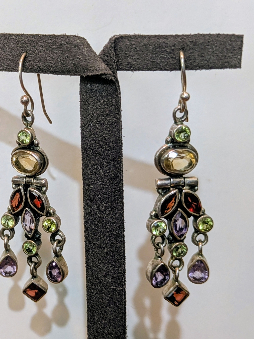 Sterling Silver 925 Multi-Gem Dangle Earrings  Garnet, Peridot, Citrine 2 " Drop